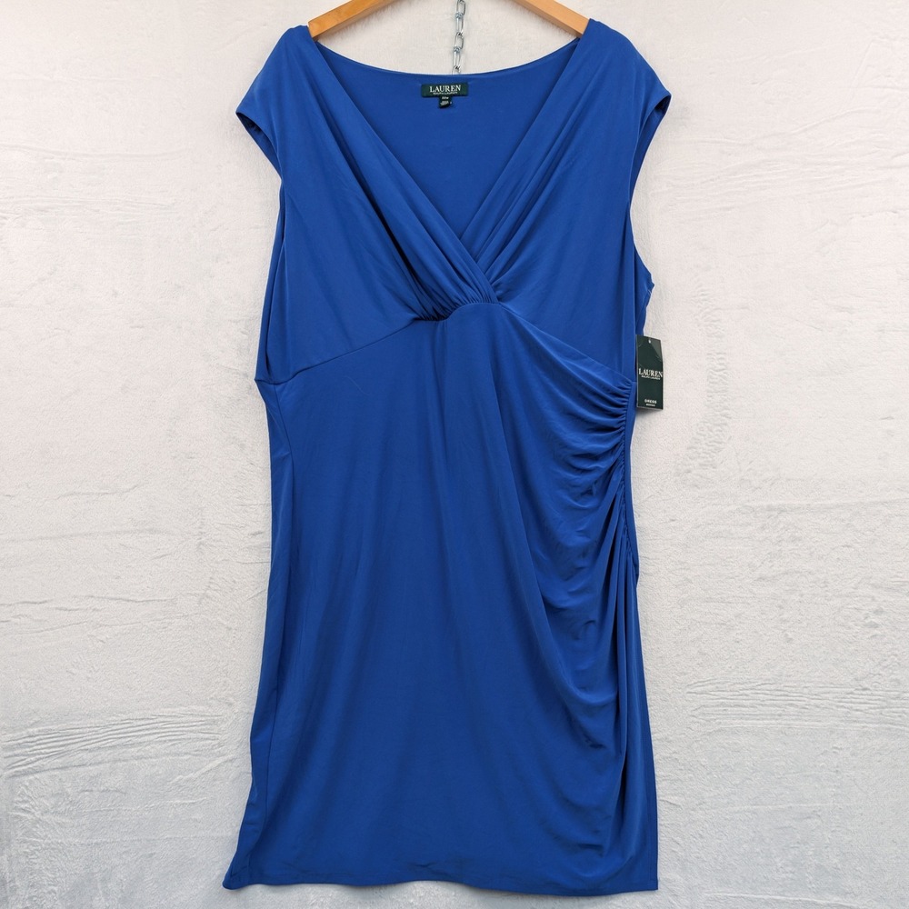 Lauren Ralph Lauren Dress Women's 22W Blue Ruched Surplice Sheath V-Neck Luxury